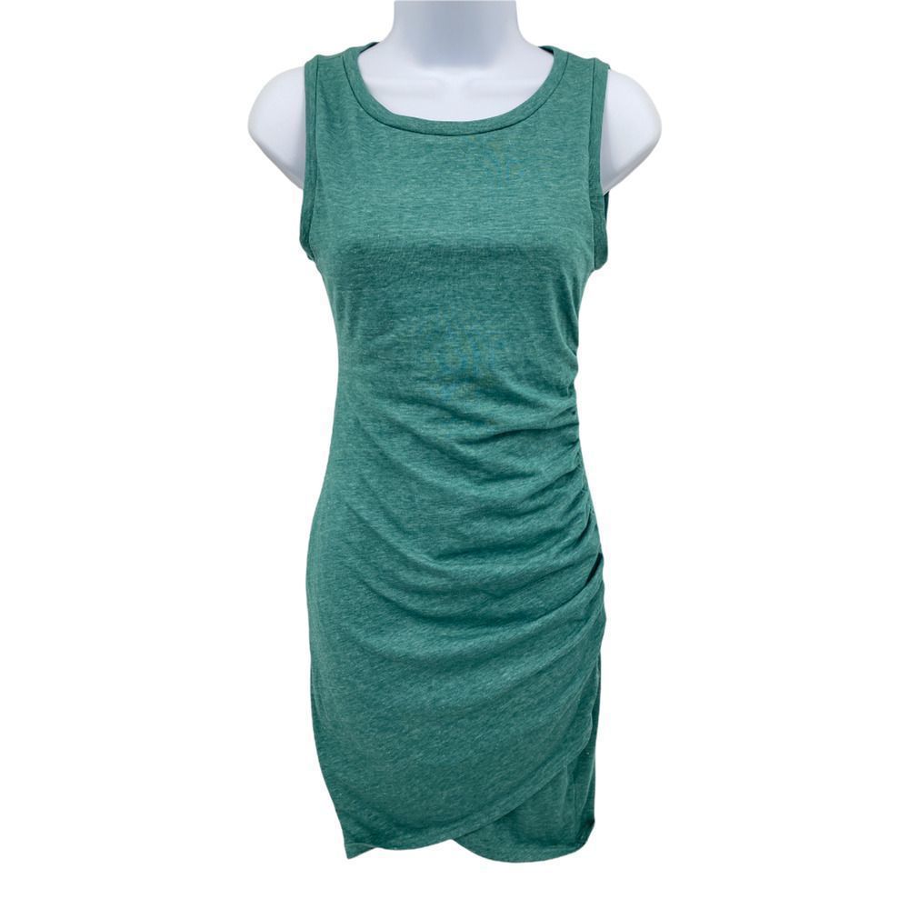 Leith T-shirt Dress Womens XS Green Space Dye Sleeveless Ruched Side